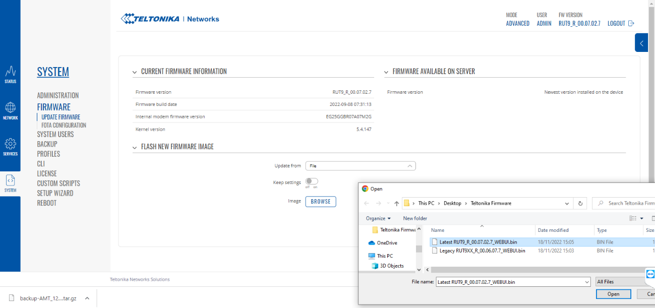 Select and Upload Firmware File (.bin)
