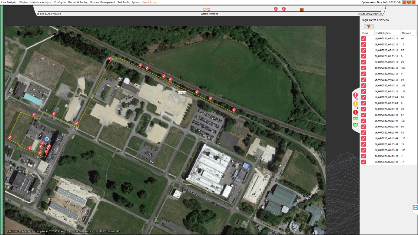 OptaSense Map window, Alert pane