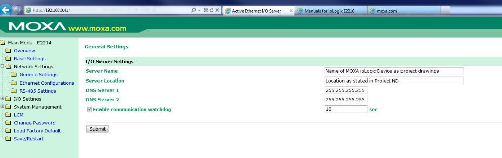 Dry Contact General Ethernet configurations