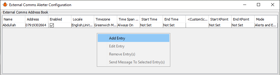 Address Book Entries Window