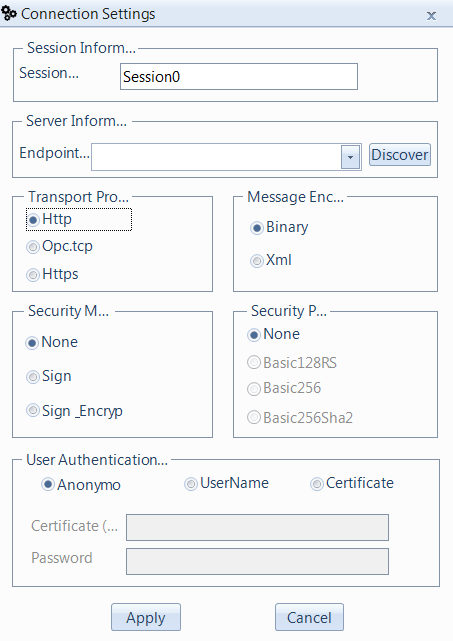 OPC-UA Client Connection Settings