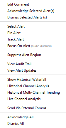 Right click menu for an alert accessed from the alert control panel