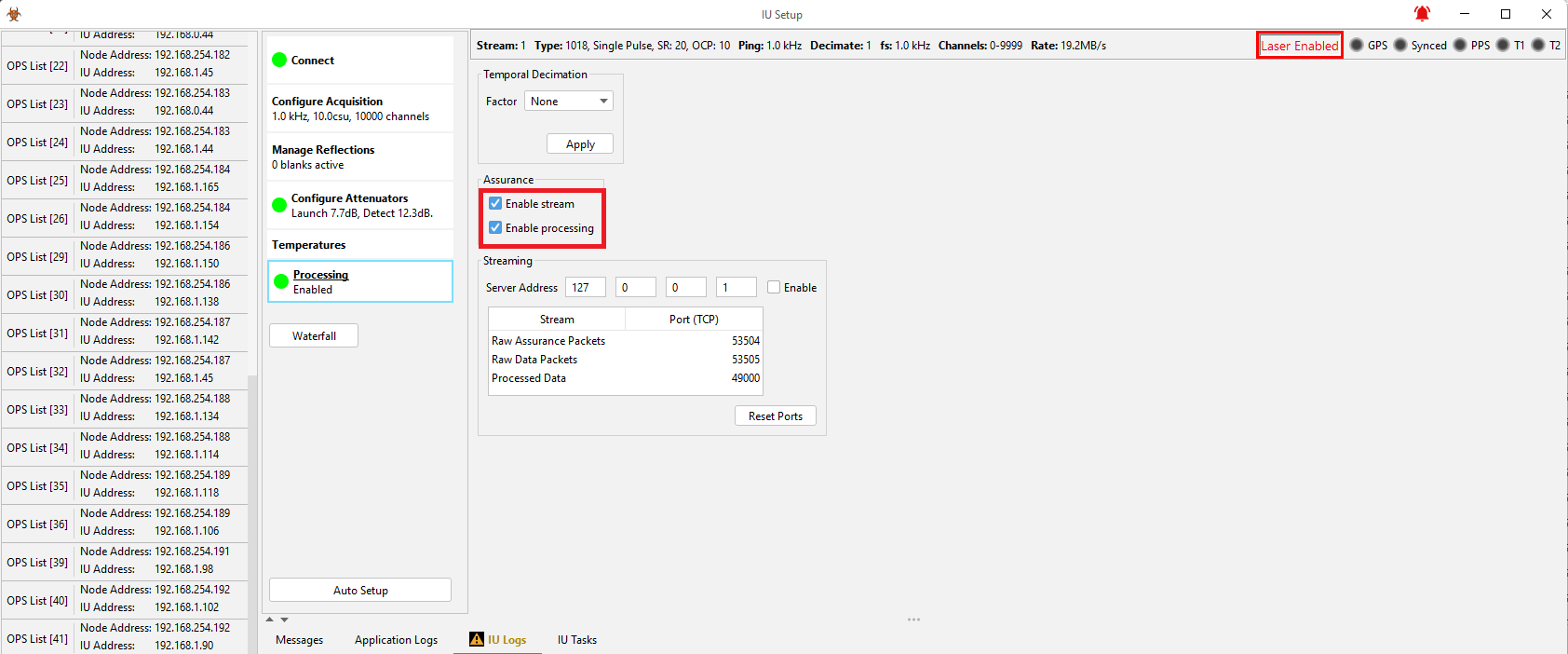 IU Setup showing where to enable the fibre assurance processing