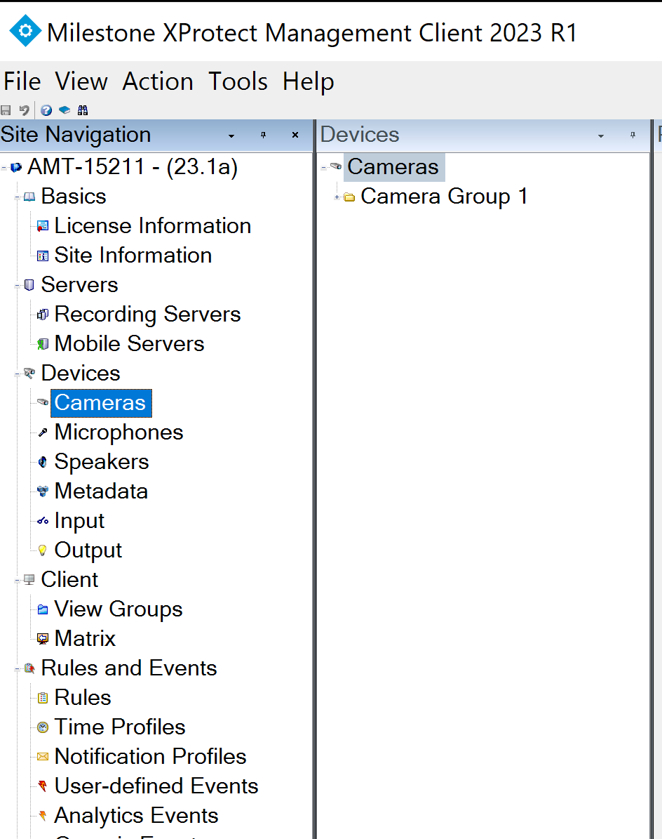 Selecting the camera to import the cameras presets